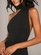 Black Sheath/Column Stretch Crepe Asymmetrical Sleeveless Floor Length Dresses