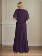 Trompeten-/Meerjungfrauen-Chiffon-Kleid mit Rundhalsausschnitt, Cape-Ärmeln und bodenlang