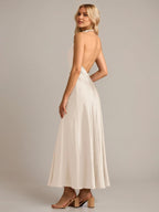 Cream Satin A Line Halter Neck Sleeveless Ankle Length Bridesmaid Dress