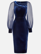 Vestido midi de terciopelo azul violáceo con manga globo de malla