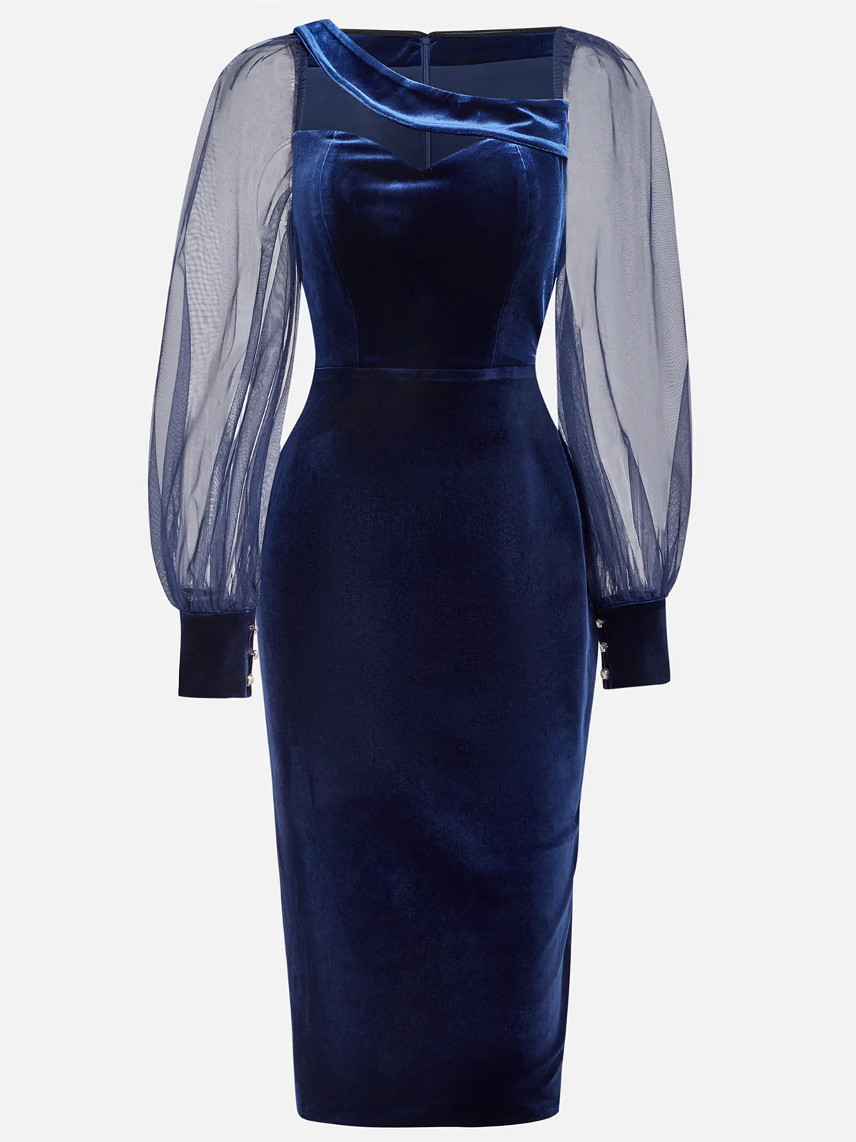 Vestido midi de terciopelo azul violáceo con manga globo de malla