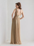 Gold A Line V Neck Sleeveless Floor Length Bridesmaid Dress