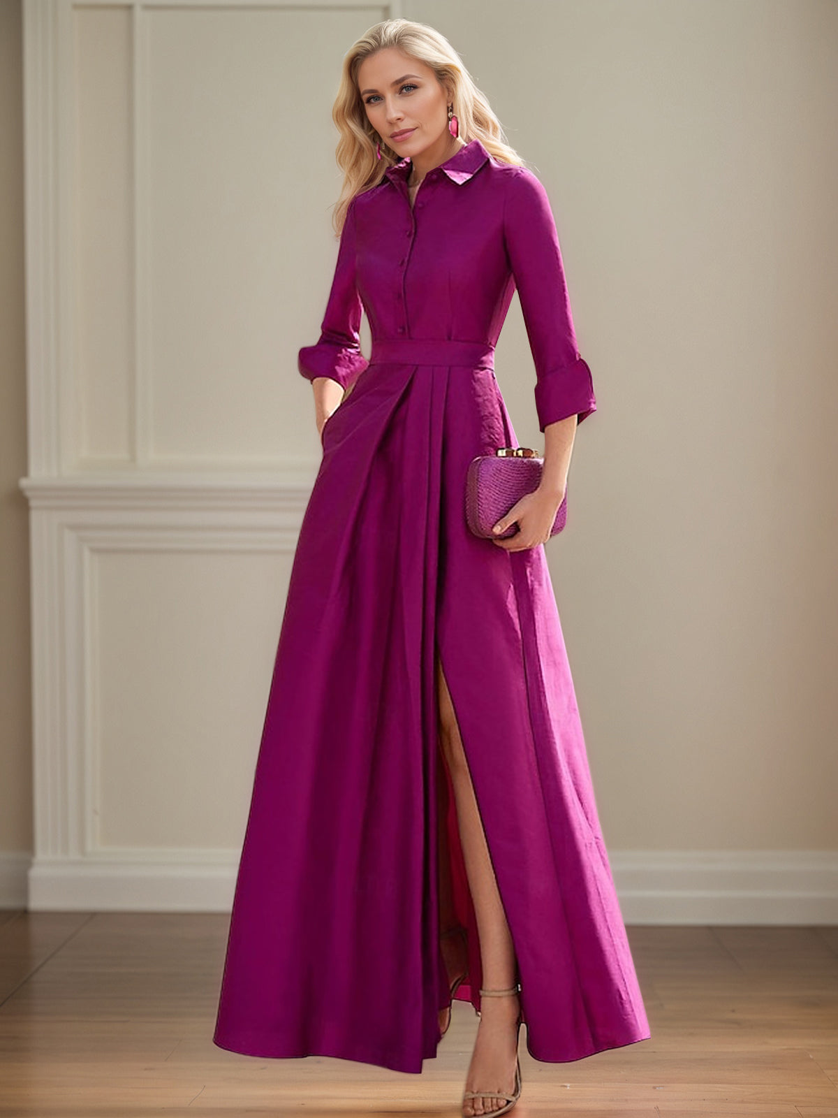 A Line High Neck 3/4 Sleeves Floor Length Mother of the Bride Dresses