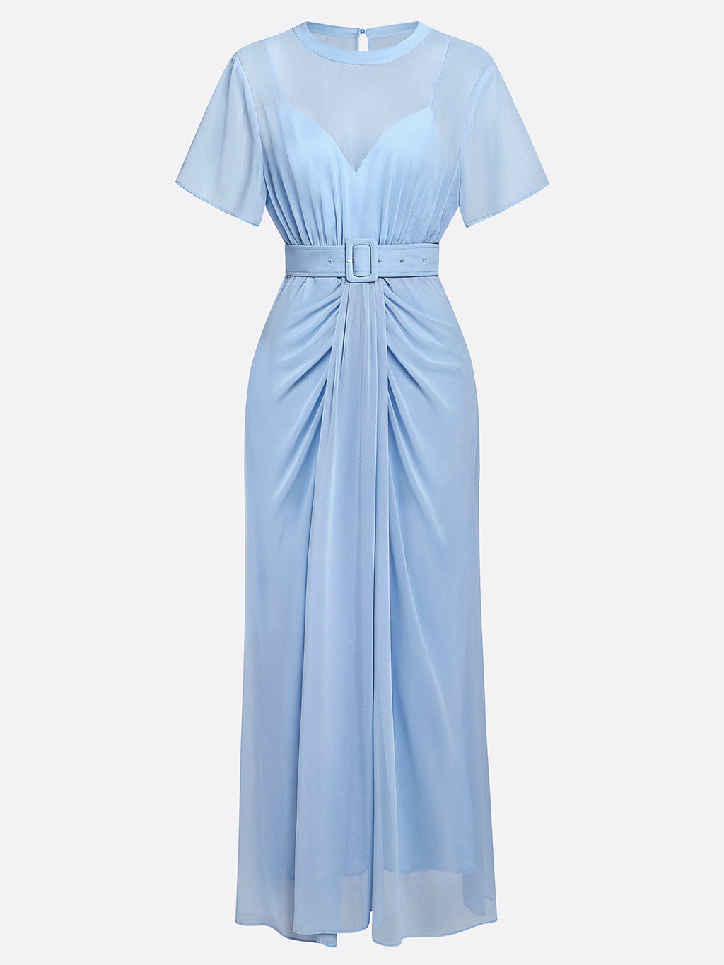 Vestido largo azul claro de gasa fruncida con cuello redondo y mangas cortas en línea A