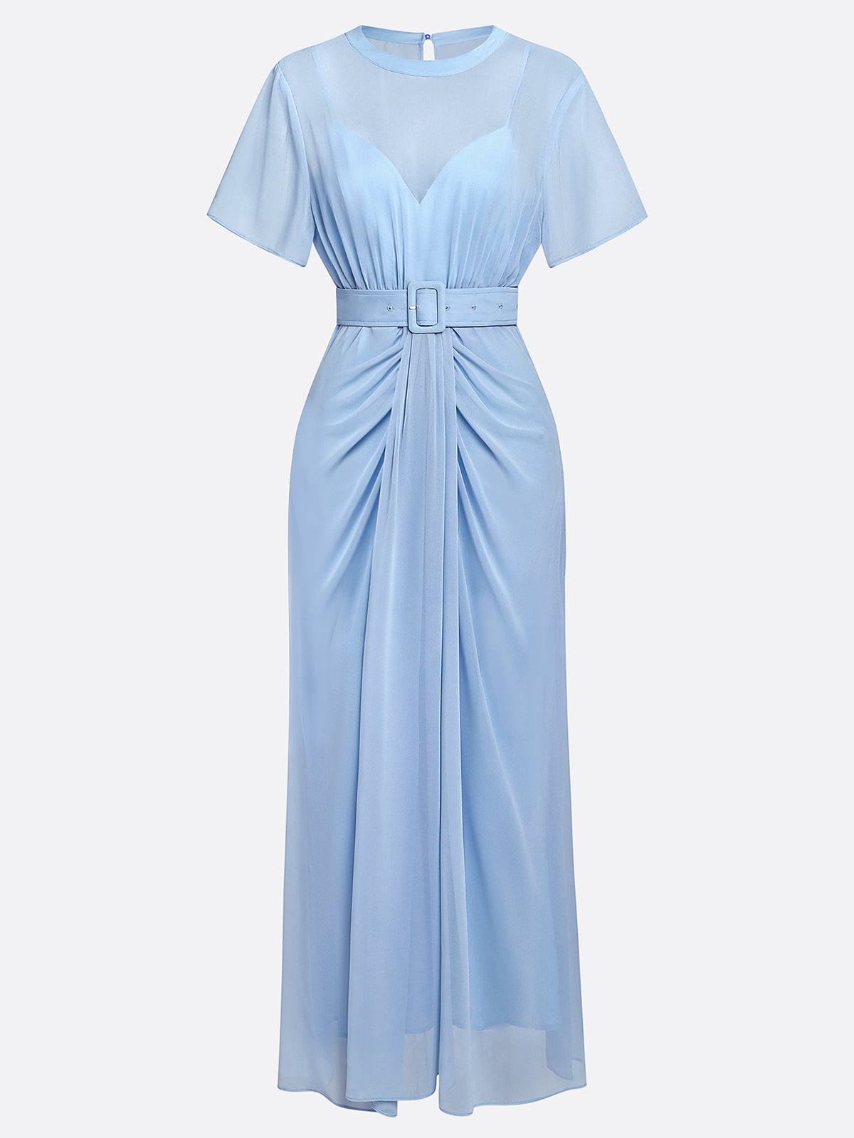 Vestido largo azul claro de gasa fruncida con cuello redondo y mangas cortas en línea A