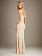Champagne Sheath/Column Chiffon Square Neck Short Sleeves Floor Length Dress