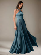 French Blue A Line Halter Sleeveless Floor-Length Satin Bridesmaid Dress