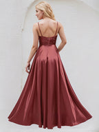 Rosewood Satin A Line V Neck Sleeveless Floor Length Bridesmaid Dress