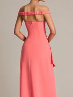 Coral Pink Sheath/Column Stretch Crepe Off The Shoulder Floor Length Dress