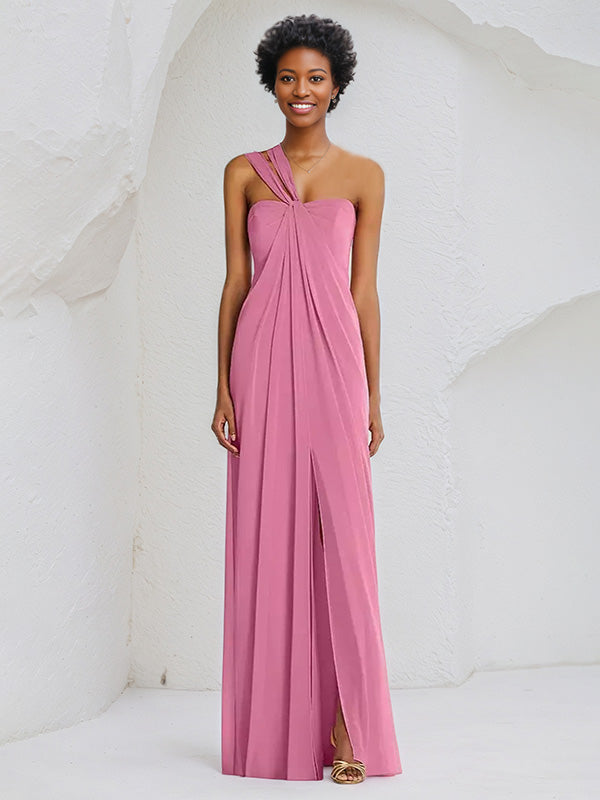 A Line Chiffon Off the Shoulder Sleeveless Floor Length Bridesmaid Dress