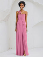 A Line Chiffon Off the Shoulder Sleeveless Floor Length Bridesmaid Dress