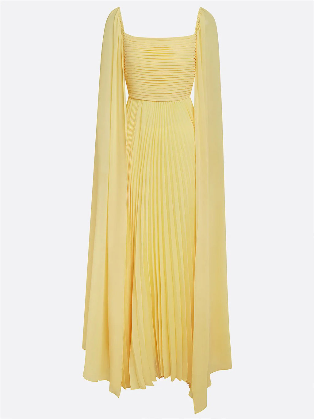 Gelbes plissiertes Chiffonkleid mit quadratischem Ausschnitt, langen Ärmeln und A-Linien-Schnitt