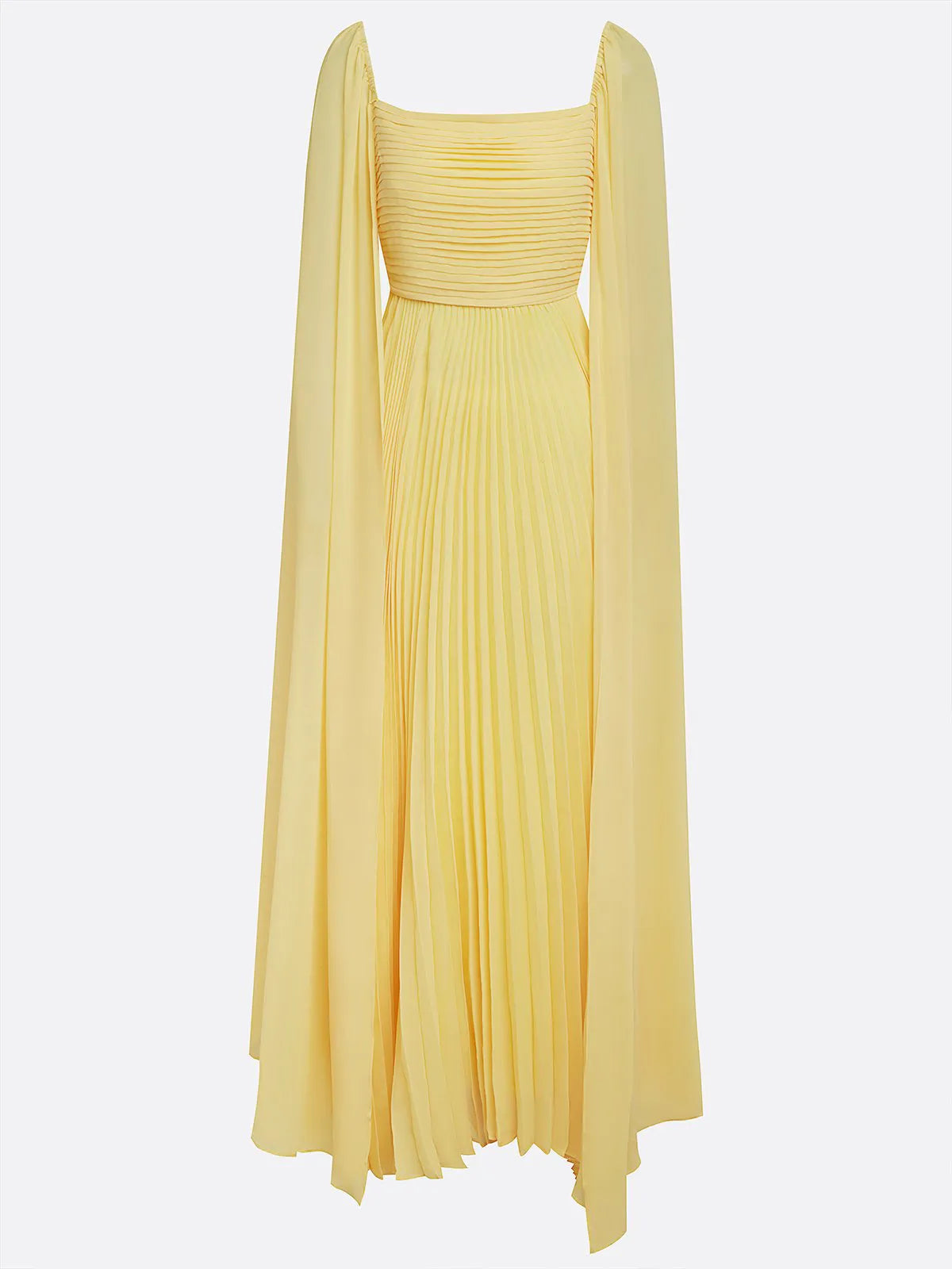 Gelbes plissiertes Chiffonkleid mit quadratischem Ausschnitt, langen Ärmeln und A-Linien-Schnitt