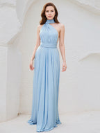 Sky Blue Chiffon A Line V Neck Sleeveless Floor Length Bridesmaid Dress