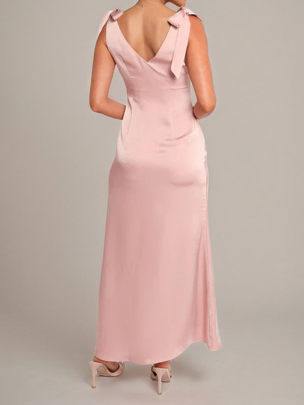 Pink Satin A Line V Neck Sleeveless Floor Length Bridesmaid Dress With Bow