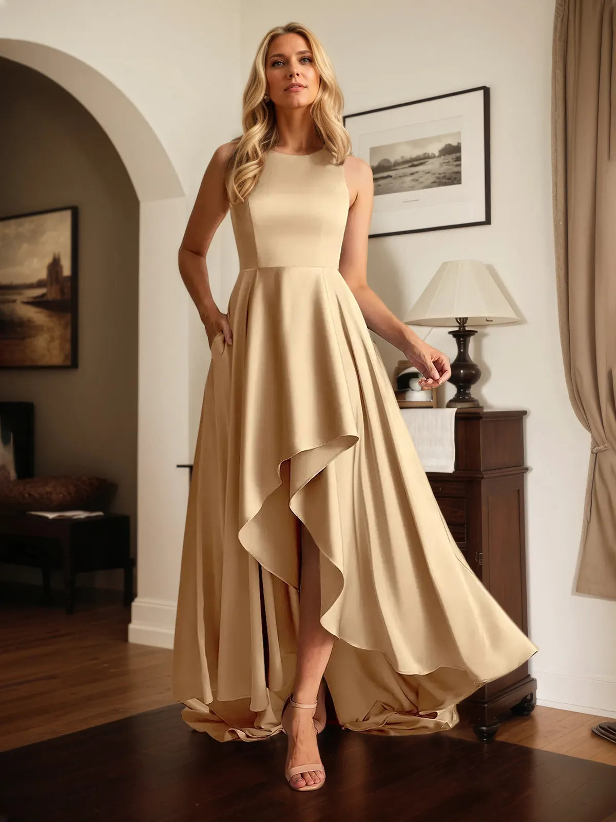 A Line Satin Scoop Neck Sleeveless asymmetrical Dress