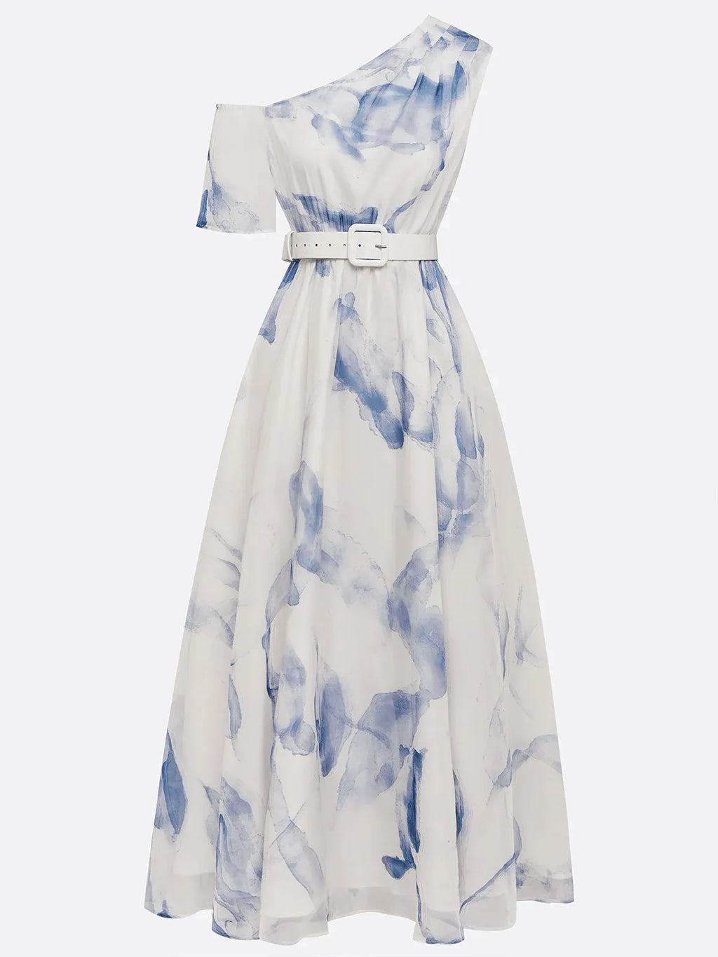 Blau bedrucktes asymmetrisches Chiffonkleid mit einer Schulter, kurzen Ärmeln, A-Linie, Maxilänge