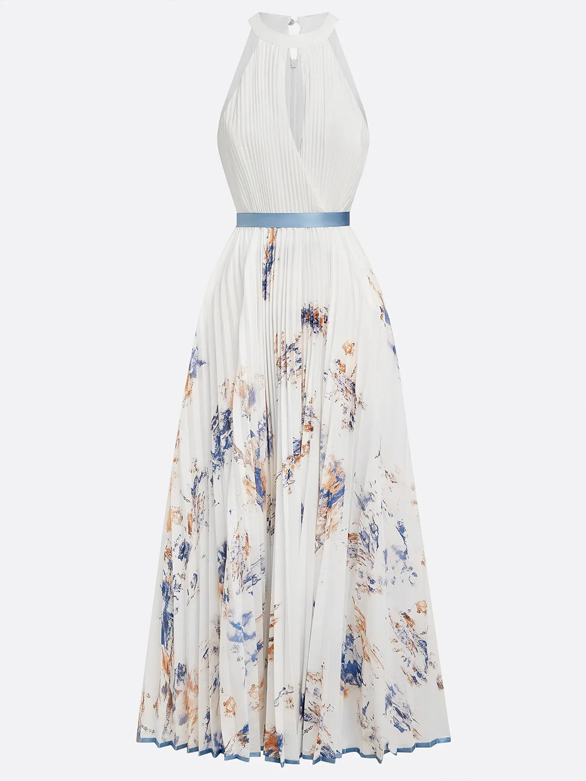 Vestido longo evasê de chiffon branco floral plissado, decote halter e sem mangas