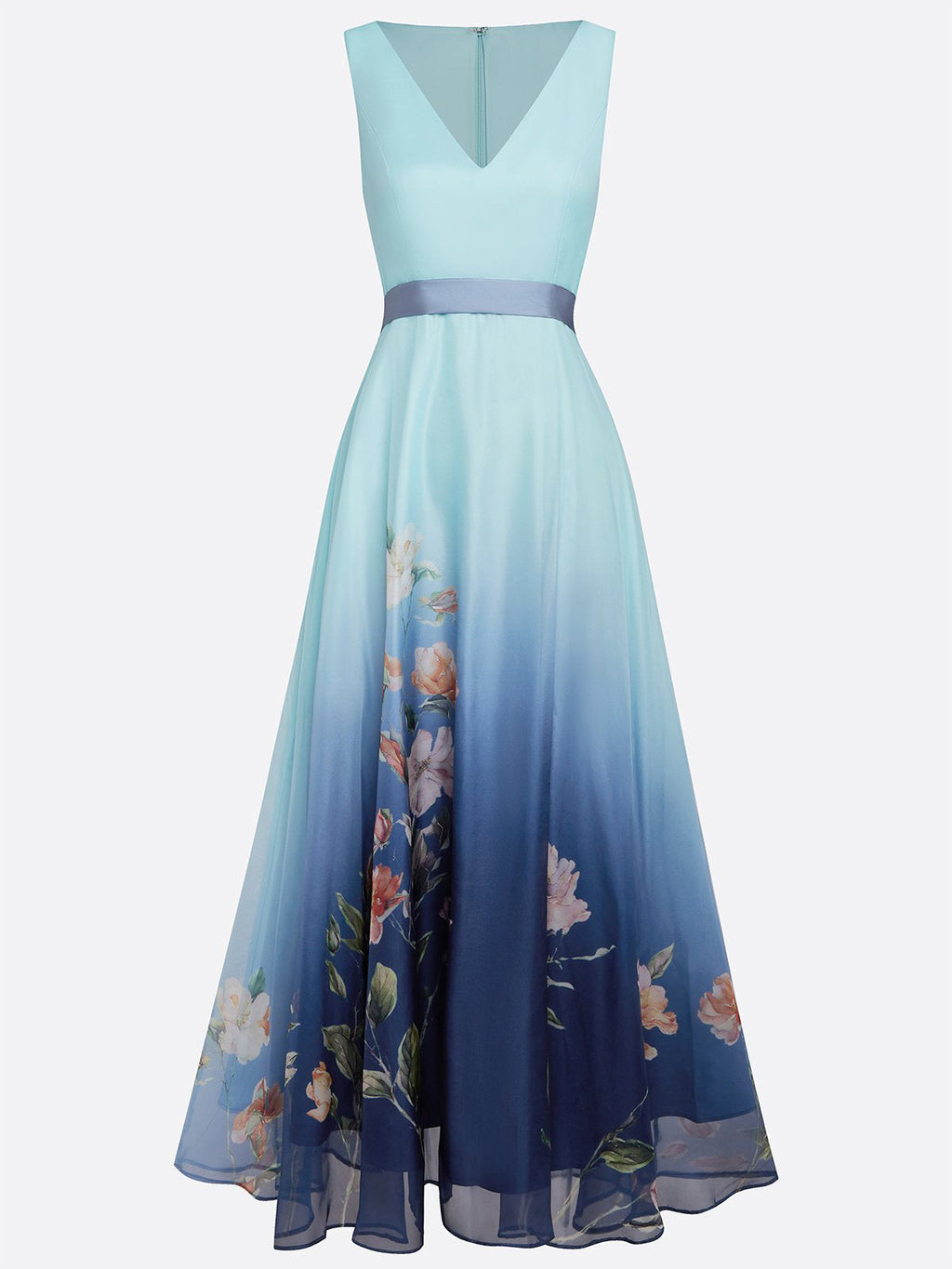 Abito midi azzurro chiaro in chiffon floreale con scollo a V, senza maniche e linea A