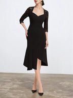 Robe midi ligne A en dentelle noire, col cœur, manches mi-longues