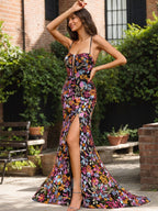 Schwarzes, florales Meerjungfrauen-Korsett-Langes Ballkleid mit V-Ausschnitt, Pailletten und Schlitz