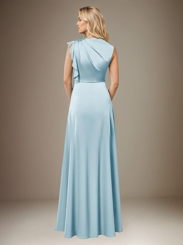 Himmelblaues A-Linien Satin Kleid mit hohem Ausschnitt, ärmellos, bodenlang