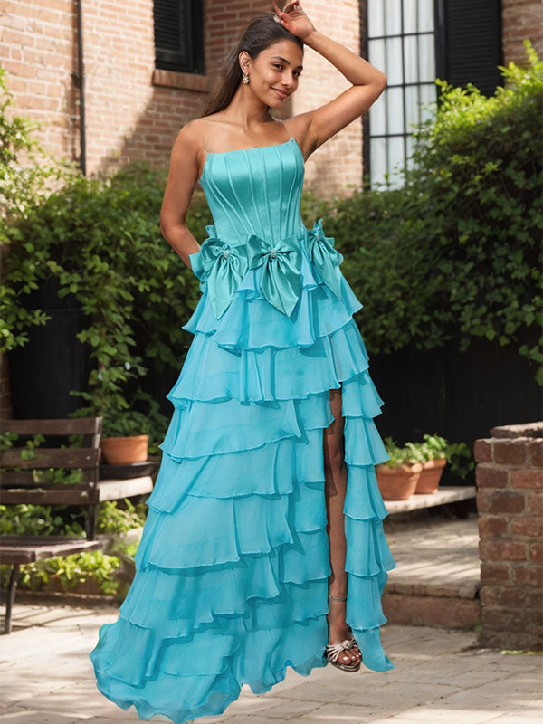 Robe de bal longue plissée bleue en ligne A bustier sans bretelles avec fente