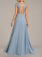 Dusty Blue A-Line Scoop Floor-Length Lace Chiffon Bridesmaid Dress