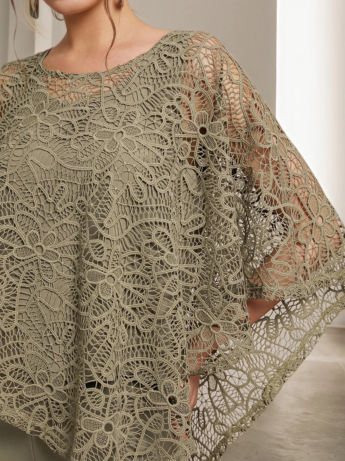 Armeegrünes Damen Spitzen Rundhals Ärmel Chiffon Zweiteiler