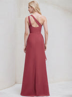 Desert Rose Chiffon A Line One Shoulder Sleeveless Floor Length Bridesmaid Dress
