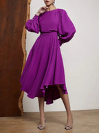 Rosarotes asymmetrisches Kleid mit Bootsausschnitt, langen Ballonärmeln und A-Linie Midi-Länge