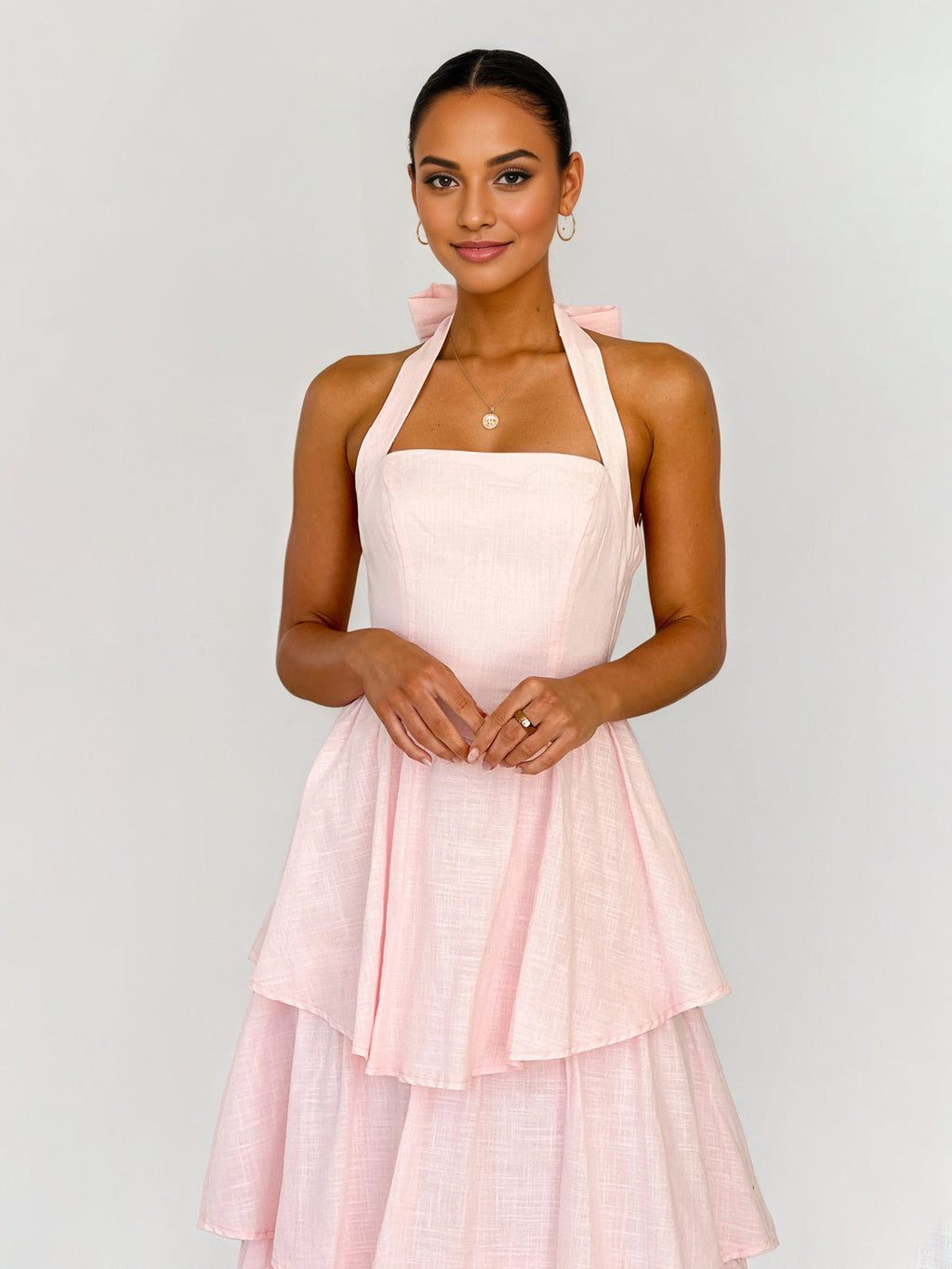 Pink Chiffon A Line Halter Neck Sleeveless Ankle Length Bridesmaid Dresses