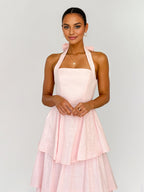 Pink Chiffon A Line Halter Neck Sleeveless Ankle Length Bridesmaid Dresses