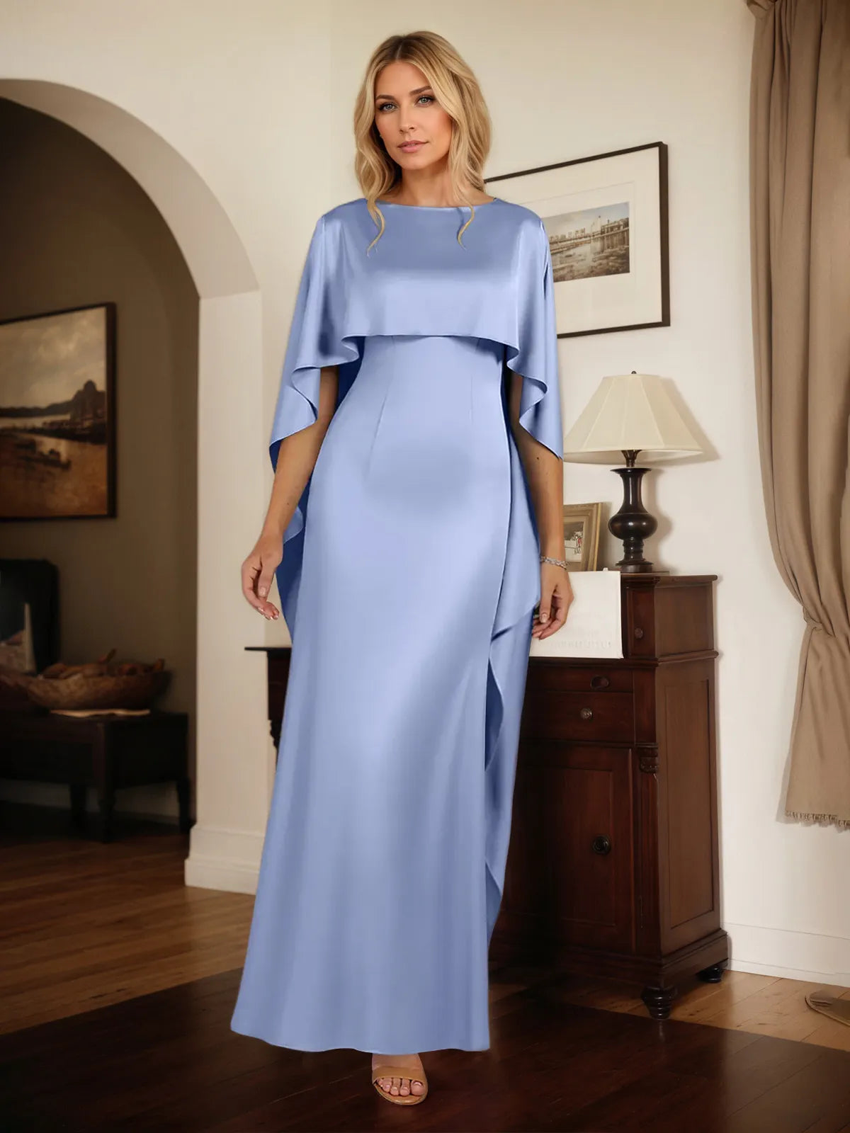 Etui/Säulen Stretch-Crêpe Bateau-Ausschnitt Cape-Ärmel bodenlanges Kleid