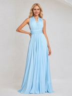 Sky Blue Chiffon A Line Halter Neck Floor-Length Sleeveless Bridesmaid Dress