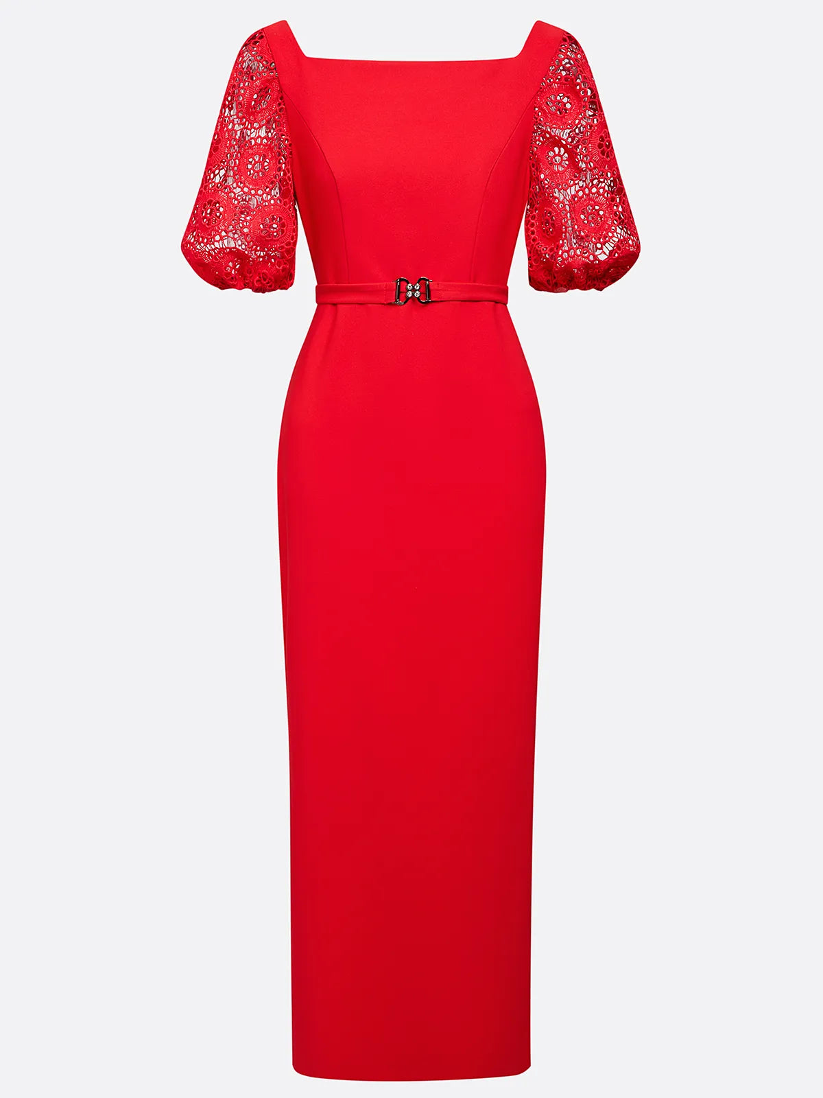 Rotes Spitzen-Klassisches Bootsausschnitt-Kurzarmpuffärmel-Sheath-Maxikleid