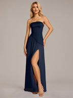 Navy A Line Satin Off The Shoulder Sleeveless Floor Length Dress