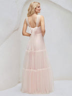 A Line Halter Neck Sleeveless Floor Length Tulle Bridesmaid Dresses With Bow