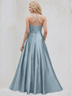 Dusty Blue Satin A Line Spaghetti Straps Sleeveless Asymmetrical Bridesmaid Dress