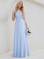 Sky Blue Chiffon A Line Spaghetti Straps Sleeveless Floor Length Bridesmaid Dress With Applique