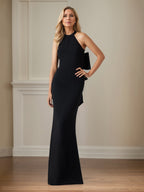 Schwarzes Stretch-Crêpe Etui-/Säulen-Kleid mit Neckholder, bodenlang, Mutter der Braut