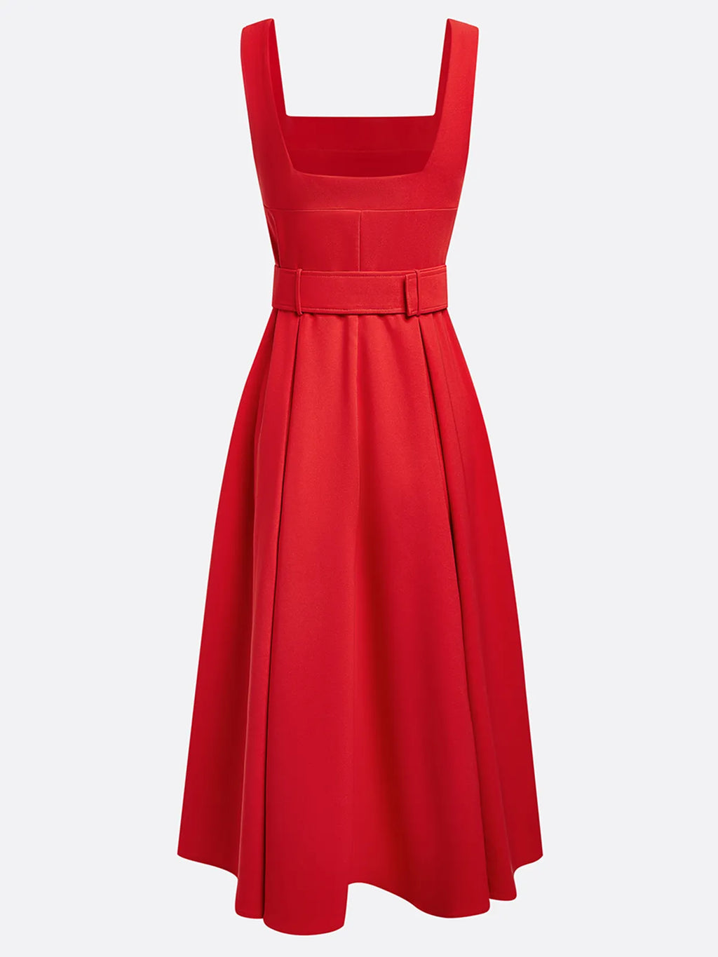 Abito midi rosso con scollo quadrato, senza maniche, linea ad A