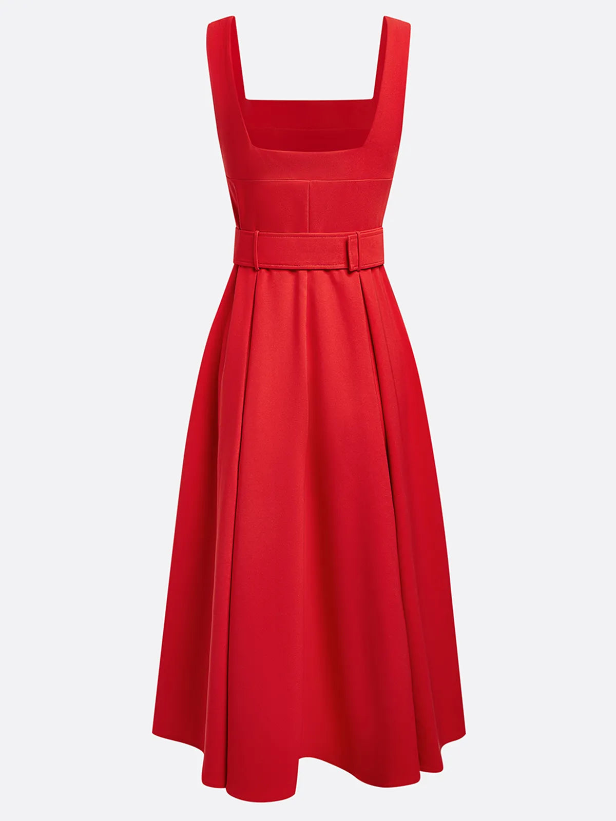 Abito midi rosso con scollo quadrato, senza maniche, linea ad A
