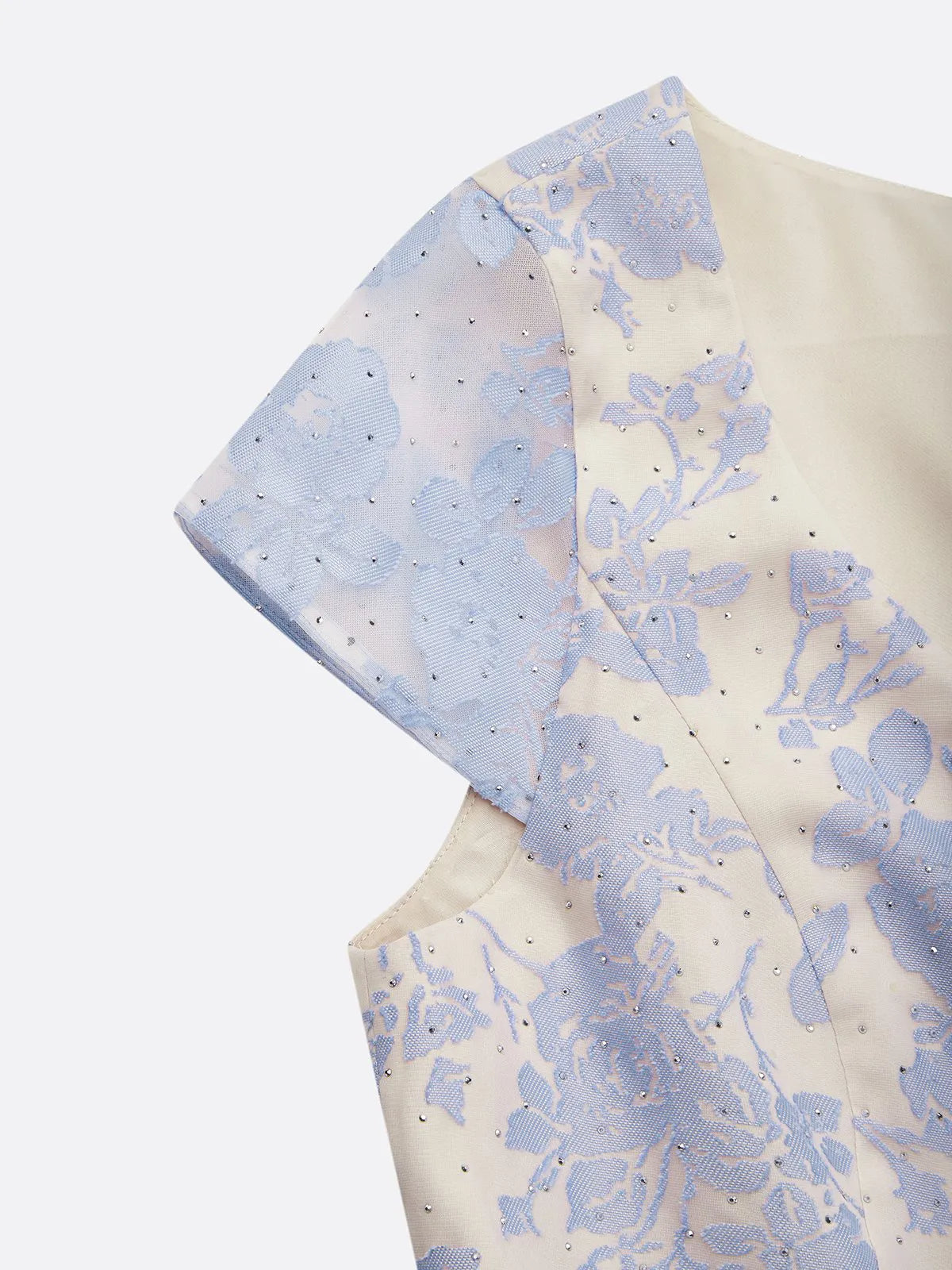 Robe midi sirène classique en organza bleu avec nœud, jacquard, manches courtes, embellie de strass hotfix