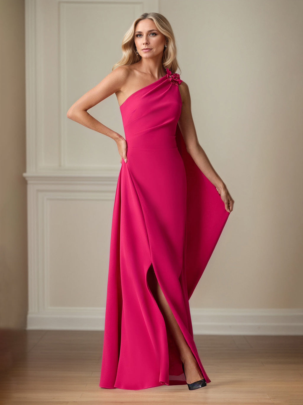 Robe de mère de la mariée en crêpe stretch couleur rouge à lèvres, coupe fourreau/colonne, une épaule, longueur au sol