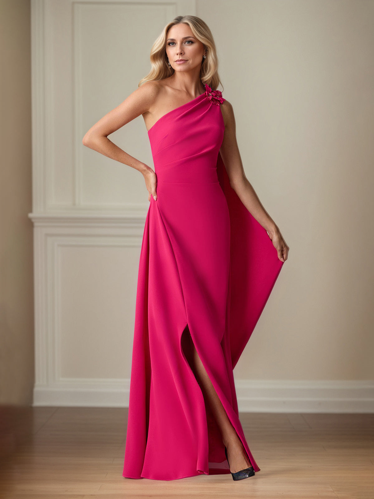 Lipstick Stretch Krepp Etui/Schmal Ein-Schulter Bodenlanges Mutter-der-Braut-Kleid