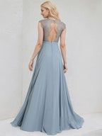 Dusty Blue Chiffon A Line Scoop Sleeveless Floor Length Bridesmaid Dress With Appliques