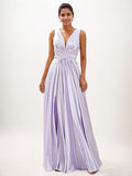 Lilac A-Line Satin Ruffles V-Neck Sleeveless Floor-Length Bridesmaid Dresses