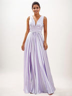 Lilac A-Line Satin Ruffles V-Neck Sleeveless Floor-Length Bridesmaid Dresses