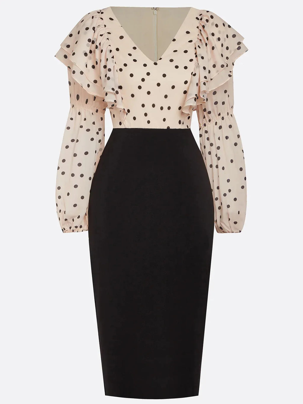 Apricot Peplum Chiffon Long Sleeve Balloon Sleeve Sheath Midi Dress